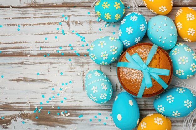 Tradiciones culinarias de Pascua con pastel y huevos en un espacio de texto de mesa de madera