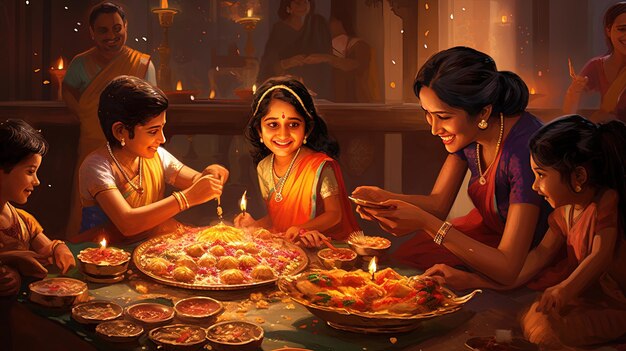 Foto tradiciones de diwali familia junto con dia