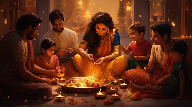 Foto tradiciones de diwali familia junto con dia