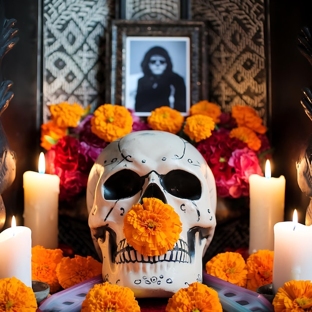Tradiciones iluminadoras Calaveras de azúcar Flores y velas en la celebración del Día de los Muertos