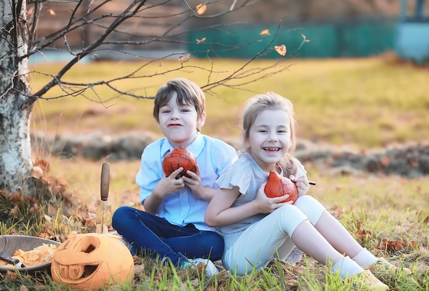 Tradiciones otoñales y preparativos para la fiesta de Halloween Una casa en la naturaleza una lámpara hecha de calabazas está cortando en la mesa