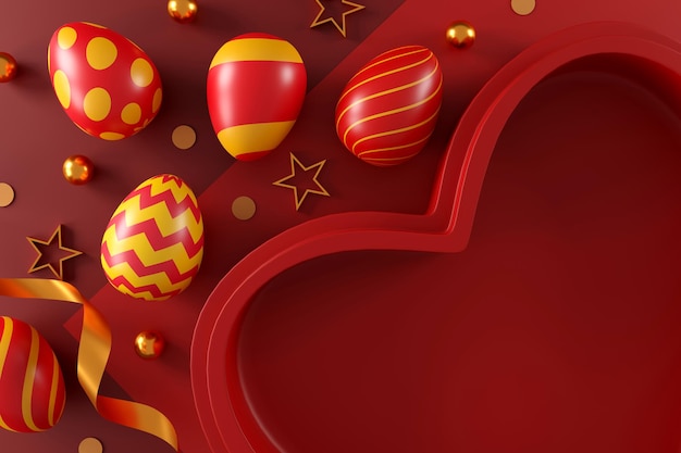 Tradições da Páscoa Ovos de Páscoa coloridos em fundo vermelho vista superior cópia espaço ilustração 3D