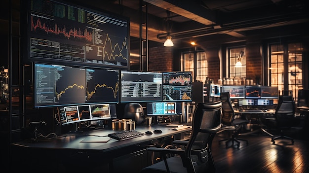 Trading Hub Office com vários monitores e dados de preços em tempo real