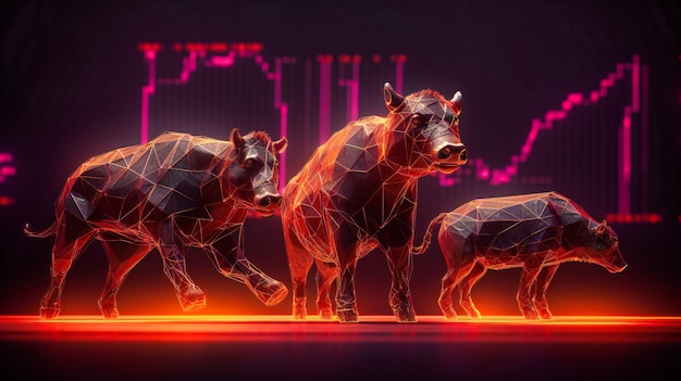 Trading mit Aktiencharts und einem Bullen und zwei kleinen Bären