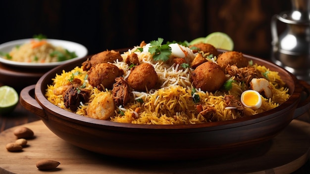 Tradition und Modernität wie Hyderabad Biryani wird nahtlos auf einem zeitgenössischen Holztisch präsentiert