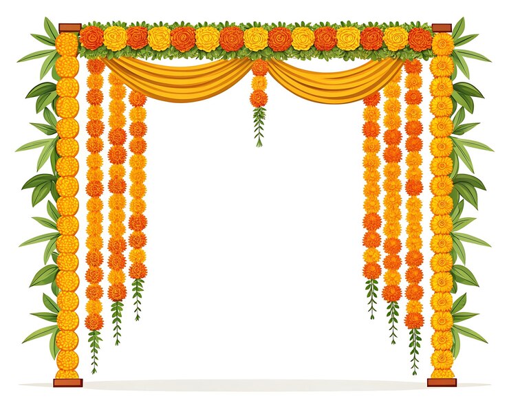Traditional indian wedding arch decorated with marigold flowers and drapes