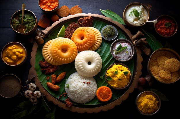 Foto traditional south indian breakfast spread with idli dosa and vada