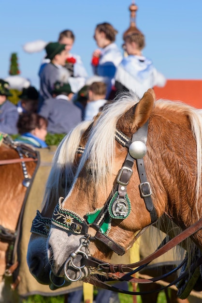 Traditionell gekleidete Menschen auf Pferdekutschen auf Pilgerreise in der Stadt Murnau, Bayern