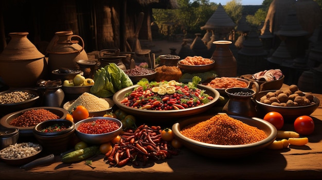 Foto traditionelle afrikanische küche delikatessen couscous huhn gemüse scharfe gewürze und mehr