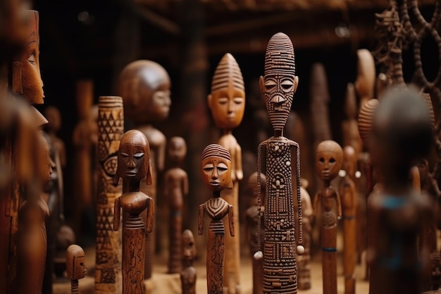 Traditionelle afrikanische Kunstwerke wie Holzskulpturen in der Nähe einer Kinara