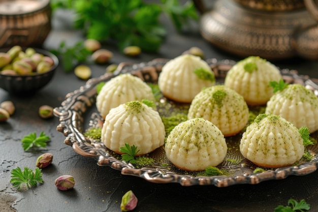 Traditionelle arabische Eid-Süßigkeiten, darunter Semolina Maamoul und Pistazienkuchen