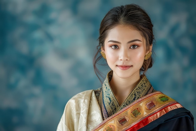 Traditionelle asiatische Kleidung Elegante Frau in kultureller Kleidung mit Stickerei auf blauem Hintergrund