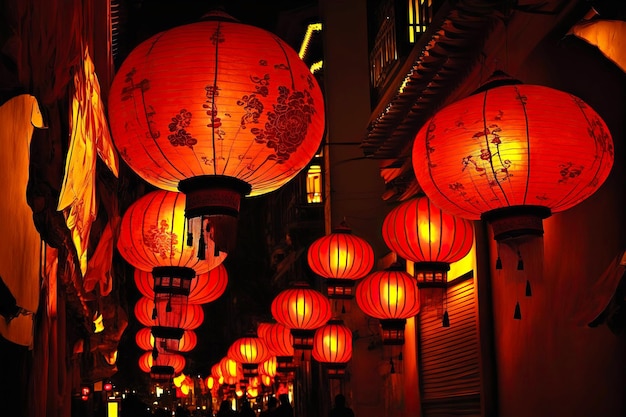 Traditionelle asiatische rote brennende Laternen zur Dekoration für das chinesische Neujahr