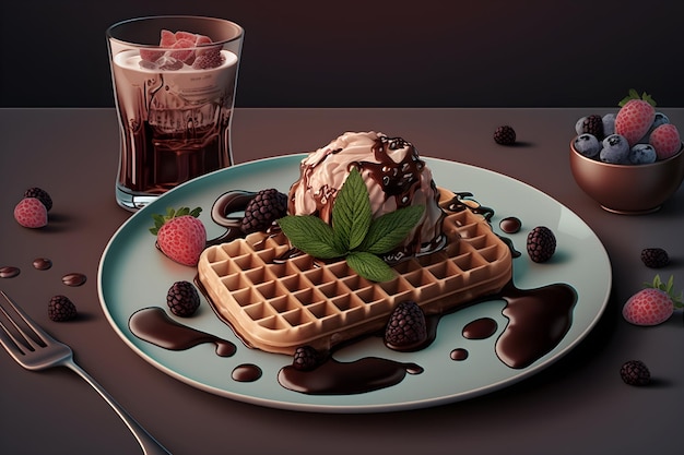 Traditionelle belgische Waffeln mit Eis, Schoko-Beerenfrüchten auf dunklem Hintergrund Generative AI