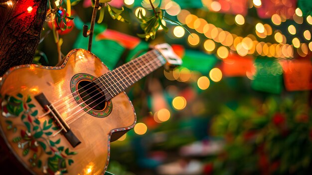 Traditionelle bemalte Gitarre ruht gegen den Baum inmitten lebendiger Festivallichter Cinco de mayo-Konzept