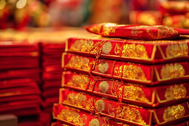 Foto traditionelle chinesische neujahrsdekorationen auf rotem hintergrund, die glück und glück sagen