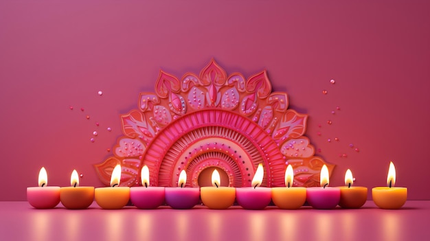 Traditionelle Diwali-Kerzen, Symbole des Lichts auf rosa Hintergrund