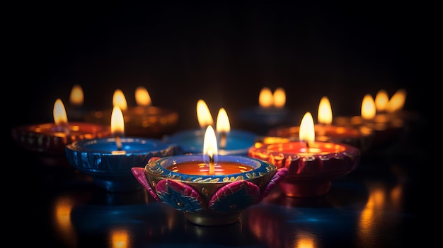 Traditionelle Diya-Öllampen vor dunklem Hintergrund zur Feier
