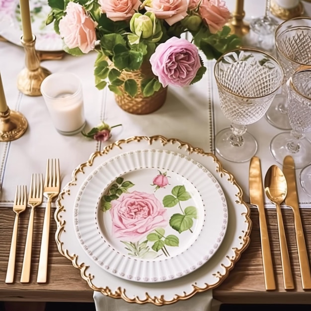Traditionelle festliche Tischlandschaft, formelle Tischdekoration mit ländlicher Dekoration im klassischen Stil für Hochzeiten und Feiern, generative KI