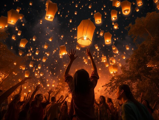 Foto traditionelle feuerlaternen werden während des yeepeng-festivals in den nachthimmel freigelassen