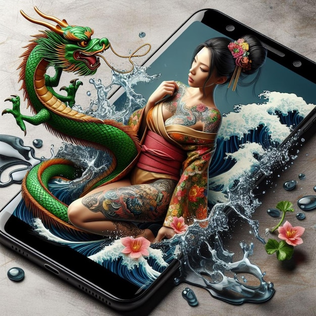 traditionelle frau kleidung stadt skyline sonnenuntergang chinesischer drache jahr aus mobiltelefonbildschirm auf dem schreibtisch