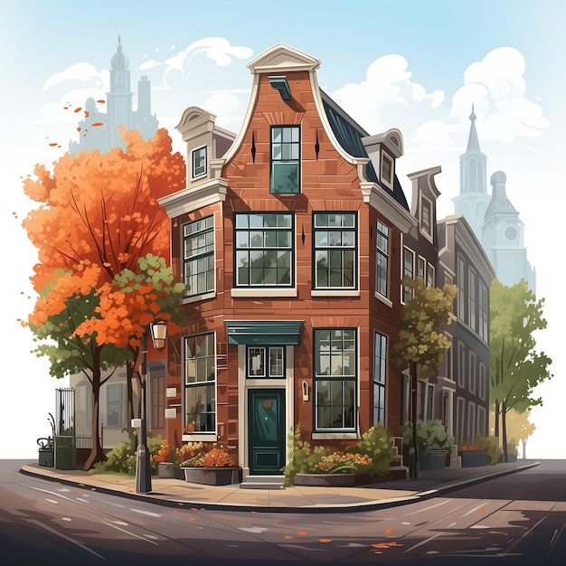 Traditionelle Häuser in Amsterdam, Sicht auf das alte Stadtzentrum Vektor-Illustration Flachdesign-Vorlage