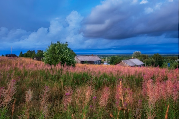 Foto traditionelle hölzerne gehackte dorfhäuser im norden auf dem land russlands, region vologda bei sonnenuntergang im bereich des iwan-tees