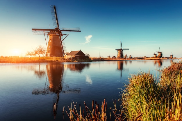 Traditionelle holländische Windmühlen vom Kanal Rotterdam.