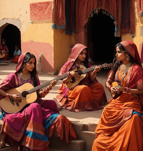 Traditionelle indische Frauen umarmen die Gitarre