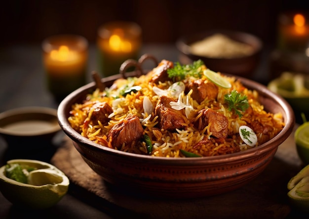 Foto traditionelle iranische biryani-mahlzeit mit hühnchen und reis auf dem tischai generative