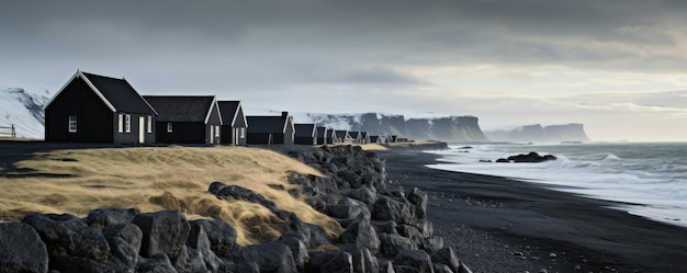 Traditionelle isländische Landschaft mit Haus, schwarzem Sand, grüner Lavalandschaft, generative KI