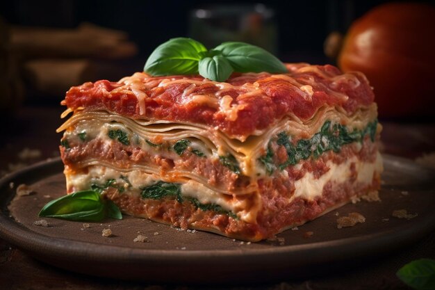 Traditionelle italienische Lasagne mit Tomaten und Spinat auf schwarzem Hintergrund