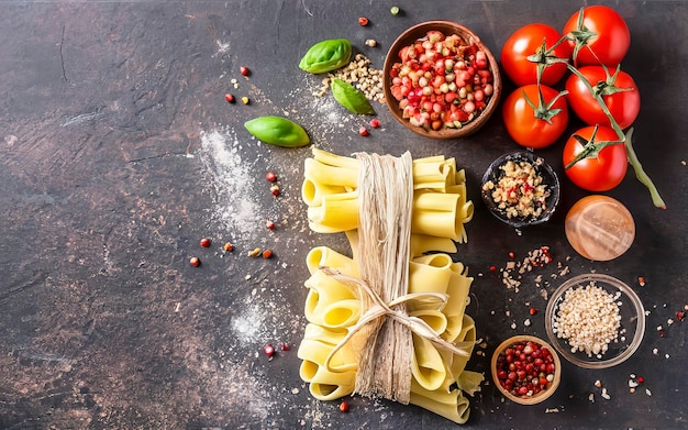 Traditionelle italienische Nudeln, die mit Nudelbestandteilen Mehl, Basilikum und Tomaten geschmückt sind