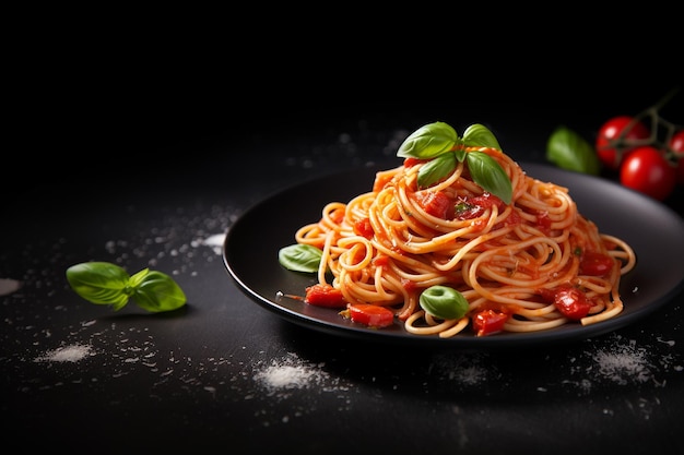 Traditionelle italienische Pasta Spaghetti mit Tomatensauce auf einem schwarzen Teller