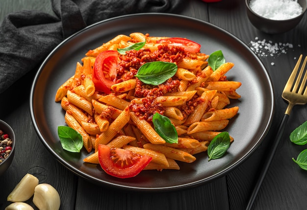 Traditionelle italienische Penne-Nudeln mit Bolognese-Sauce und frischem Basilikum auf schwarzem Hintergrund. Seitenansicht, Nahaufnahme.