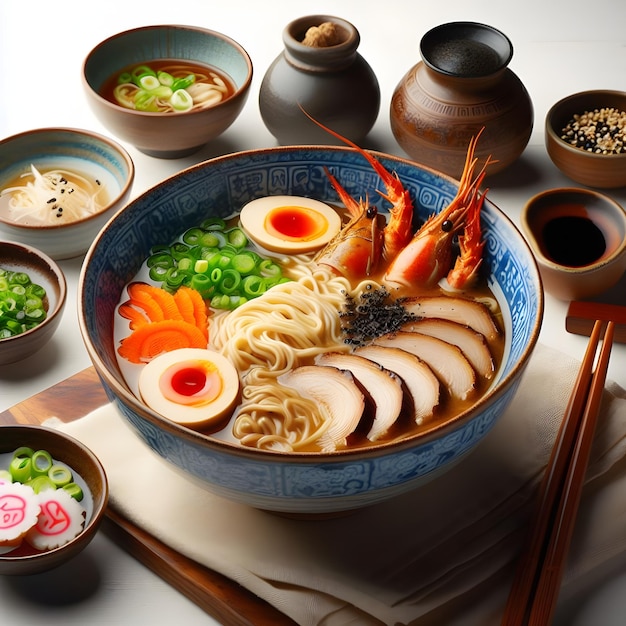 Traditionelle japanische Ramen-Schüssel mit Schweineei und Gemüse auf weißem Hintergrund