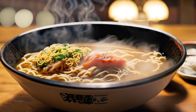 Traditionelle japanische Ramen-Suppe mit Fleischbrühe, asiatische Nudeln, Algen, geschnittene Schweineeier und eingelegter Ingwer. Asiatisches Essen. Heiße, köstliche Ramen-Suppe