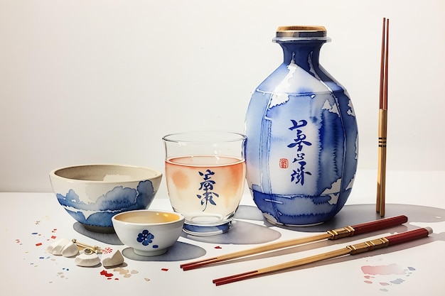 Traditionelle japanische Sake mit Aquarell und Stöckchen