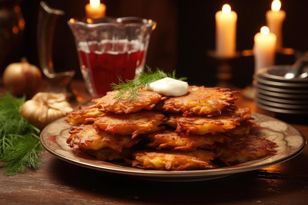 Traditionelle jüdische Latkes oder Kartoffelpuffer auf Holztisch