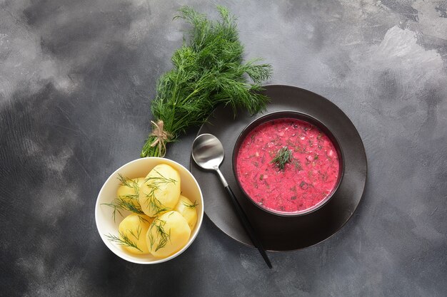 Traditionelle kalte cremige Suppe mit Gurke, Radieschen, Kartoffeln und Ei