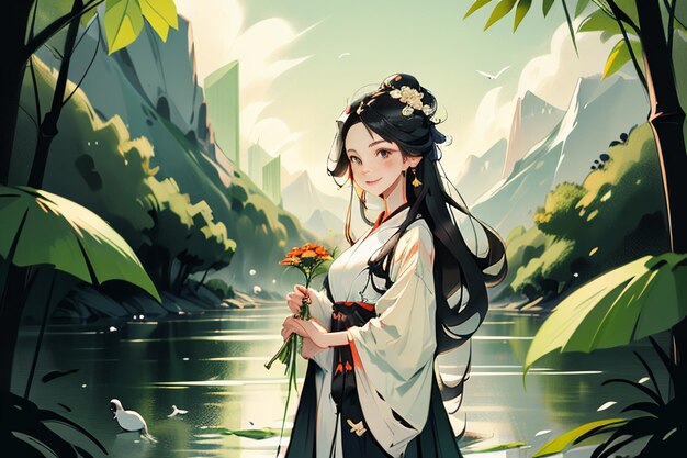 Traditionelle klassische Schönheit in chinesischem Hanfu, die am Fluss im Wald-Cartoon-Hintergrund steht