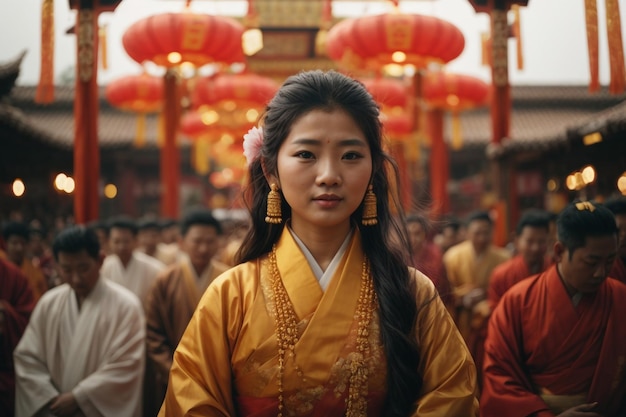 Foto traditionelle kleidung der frau im chinesischen schrein leuchten von kerzen, joss-stick, gebet im tempel