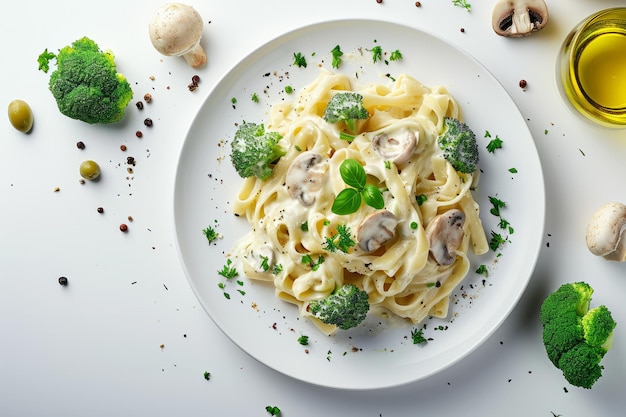 Traditionelle köstliche italienische Pasta mit Sahnesauce auf weißem Hintergrund