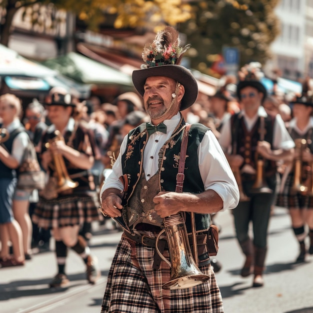 Traditionelle Kostüme bei der Oktoberfest-Parade in München Mann in Kilt geht die Straße entlang