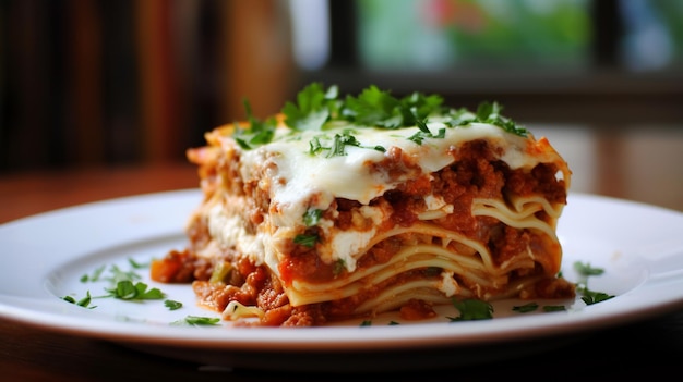 Traditionelle Lasagne aus Hackfleisch, Bolognese-Sauce und Bechamelsauce mit Basilikumblättern auf dunklem Hintergrund Rezept Restaurantmenü Seitenansicht aus der Nähe