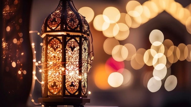 Traditionelle Laterne beleuchtet die Nacht mit Moschee im Hintergrund