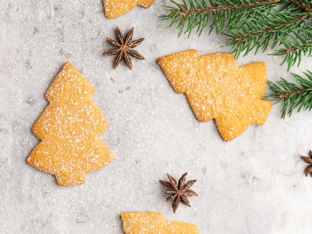 Traditionelle Lebkuchen- und Honigplätzchen, Weihnachtsbaumform, Tannenbaumaste, Anissterne, Zimtstangen und Zuckerpulverrahmen. Winter- und Weihnachtskarte, weiß.