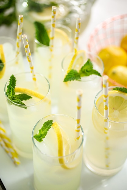 Traditionelle Limonade mit einer Scheibe frischer Zitrone und Minze mit Papierstroh im Glas.