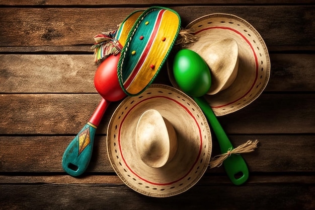 Traditionelle Maracas und Sombrero für Cinco de Mayo-Partyfeier auf Holzbrettern Generative ai