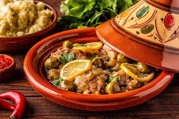 Traditionelle marokkanische Hähnchen-Tajine mit Oliven und gesalzenen Zitronen